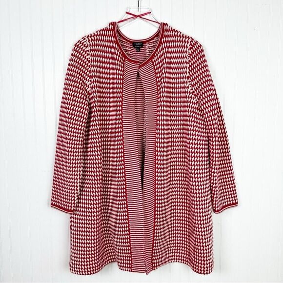 2XP TALBOTS‎ MERINO WOOL BASKETWEAVE DUSTER LONG CARDIGAN RED WHITE - Picture 2 of 11